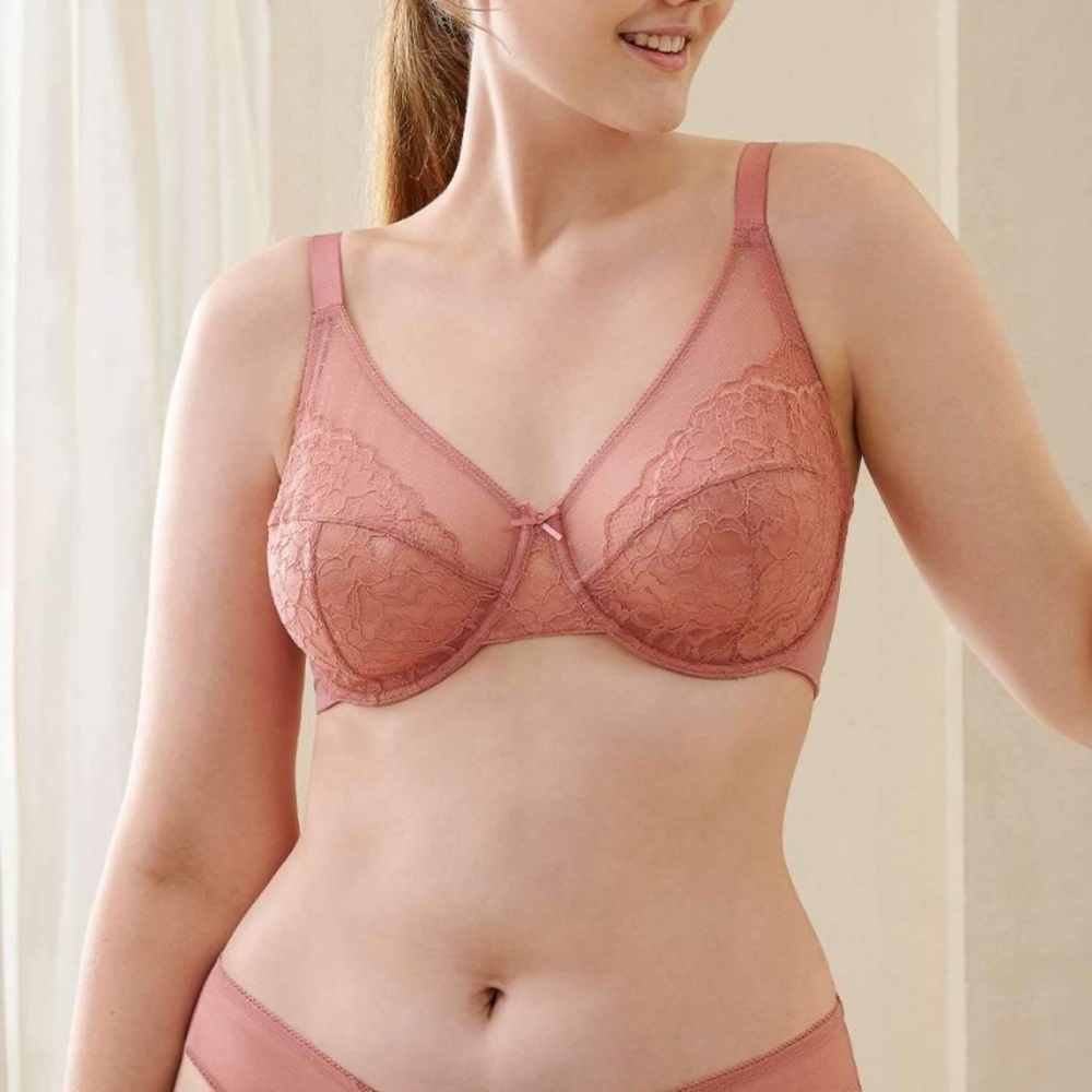 Cardi B Fav Enchante Lace Light Coral Unlined Full Coverage Underwire Bra 44DD